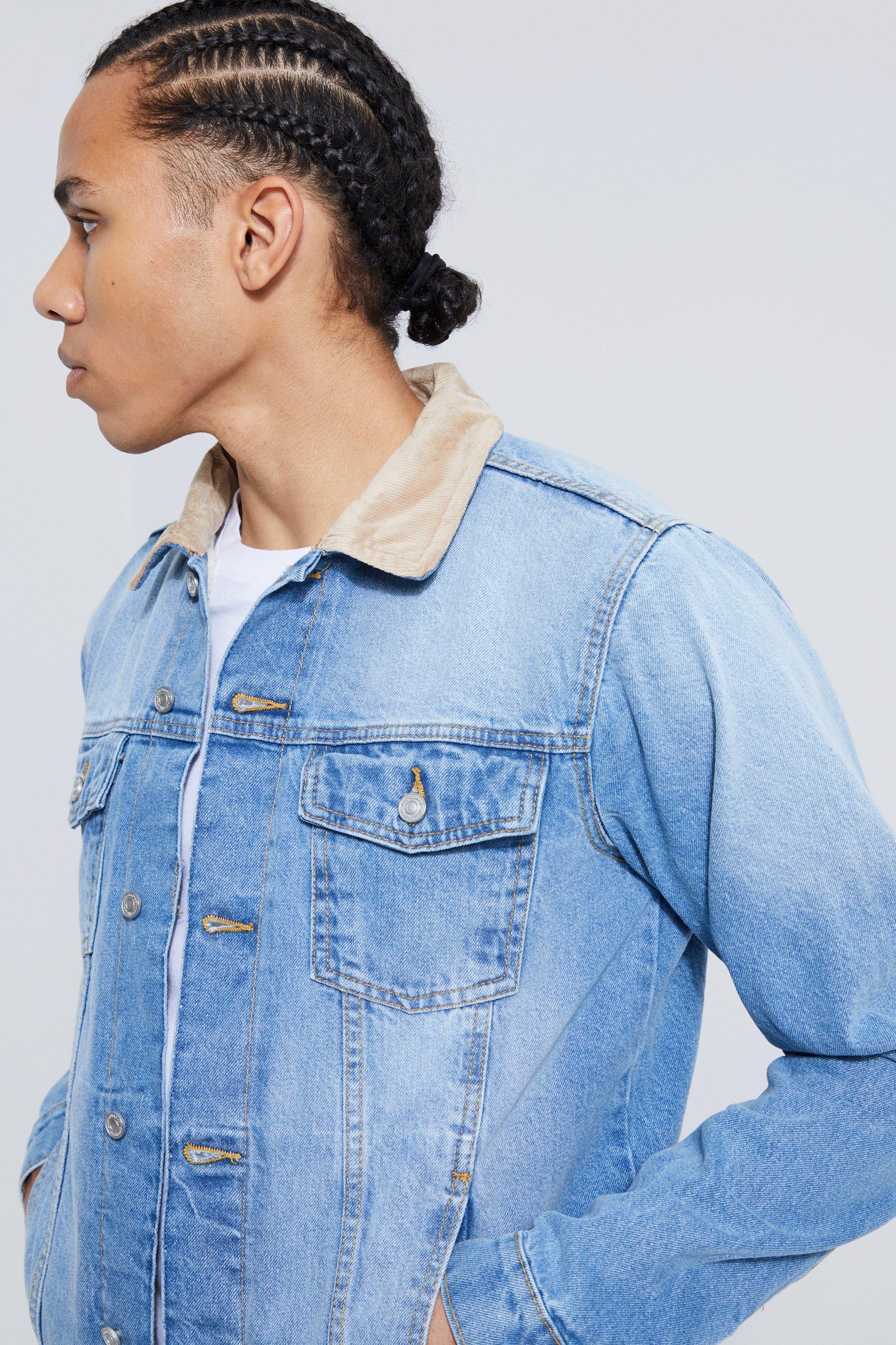 Mens light blue denim shop jacket with fur collar